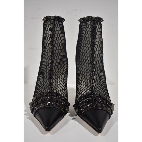 Valentino Rockstud Black Mesh Leather Stud Heel Pointed Toe Ankle Boot Bootie 37 - Picture 6 of 12